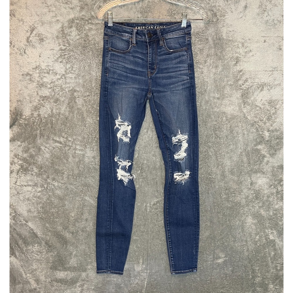 American Eagle Women High Rise Jegging 4 Long Distressed Stretch Dark Wash